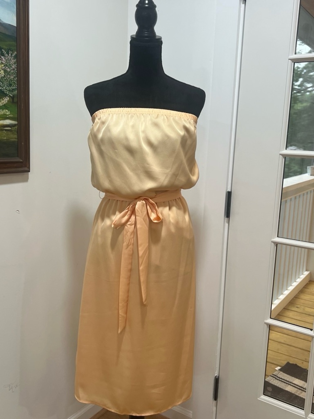 The Vanity Room Strapless Peach Satin Midi Dress with Waist Tie